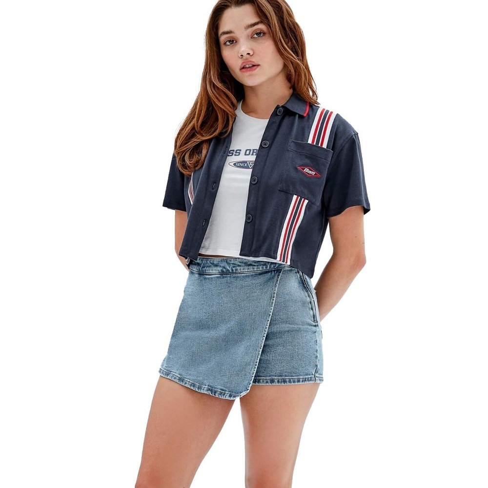 Navy Striped Button-Up Shirt and Denim Skirt